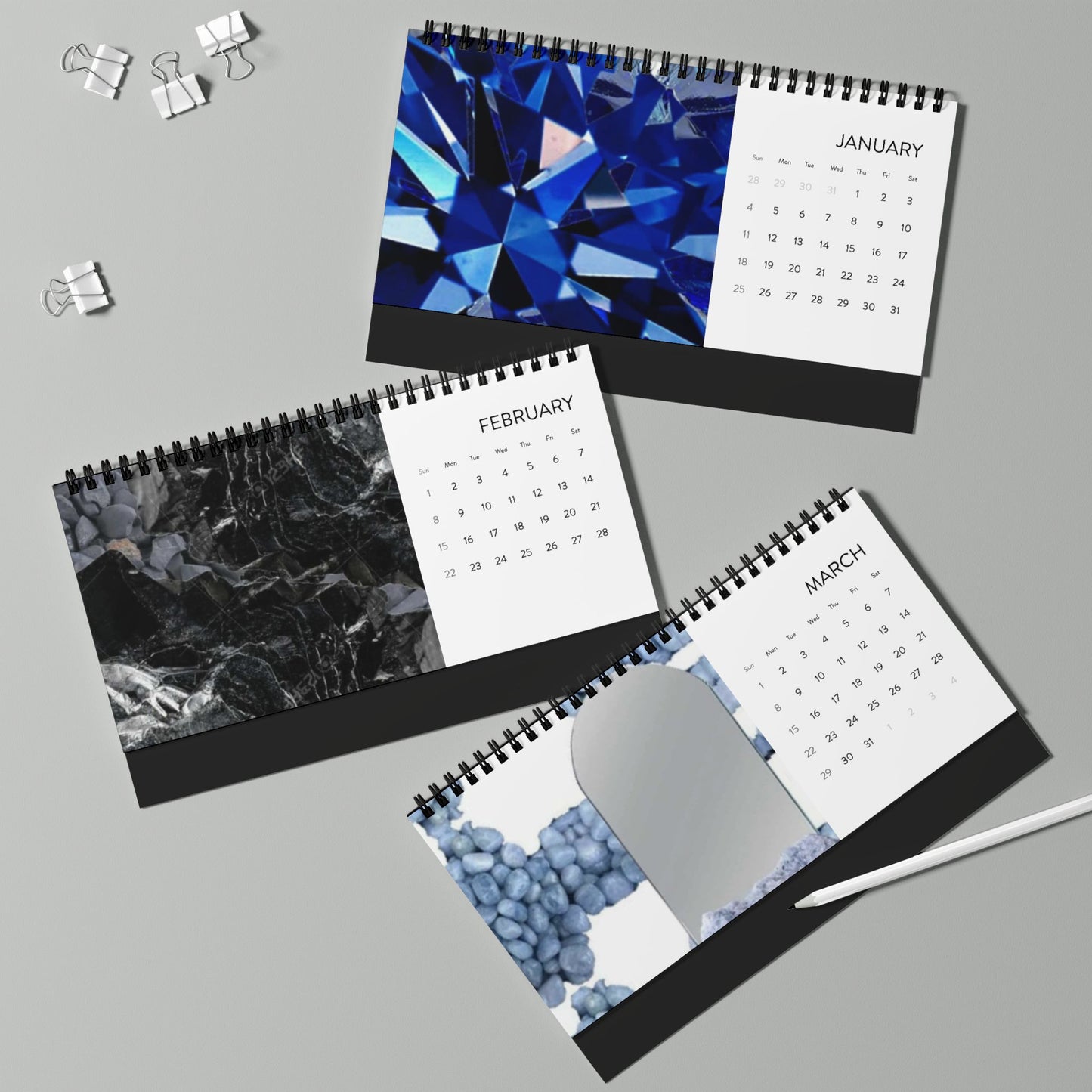 Stylish 2026 Desktop Calendar with Elegant Blue and Stone Designs